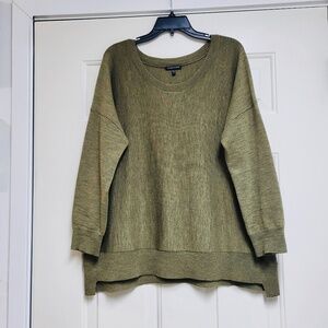 EILEEN FISHER Round Neck, High-Low, Box-Top Sweater, Merino Wool, Olive (L)